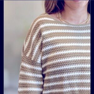 New with tags Cece size large crochet knit sweater brown and white stripe beachy